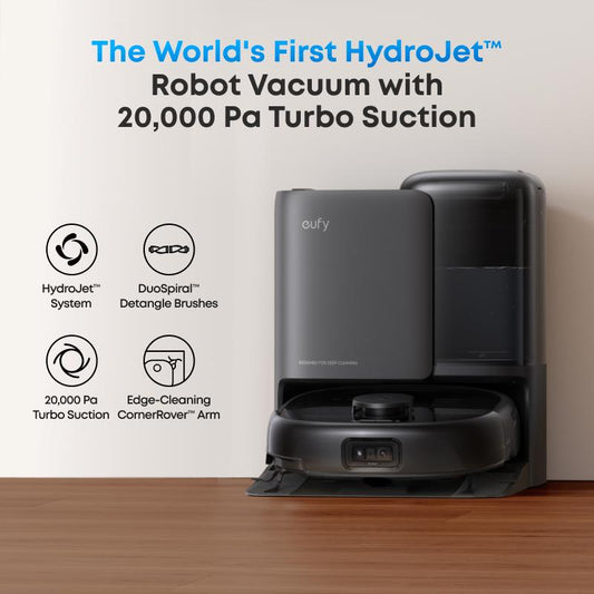 eufy E25 Omni Robot Vacuum and Mop Combo,HydroJet System, 20,000Pa Turbo Suction, Zero-Tangle Design, Edge-to-Corner Deep Cleaning, Obstacle Avoidance, Auto-Empty & Self-Cleaning All-in-One Station